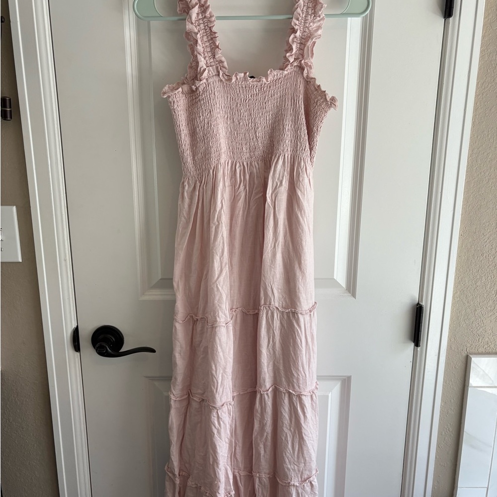 Quince Light Pink Linen Smocked Midi Dress